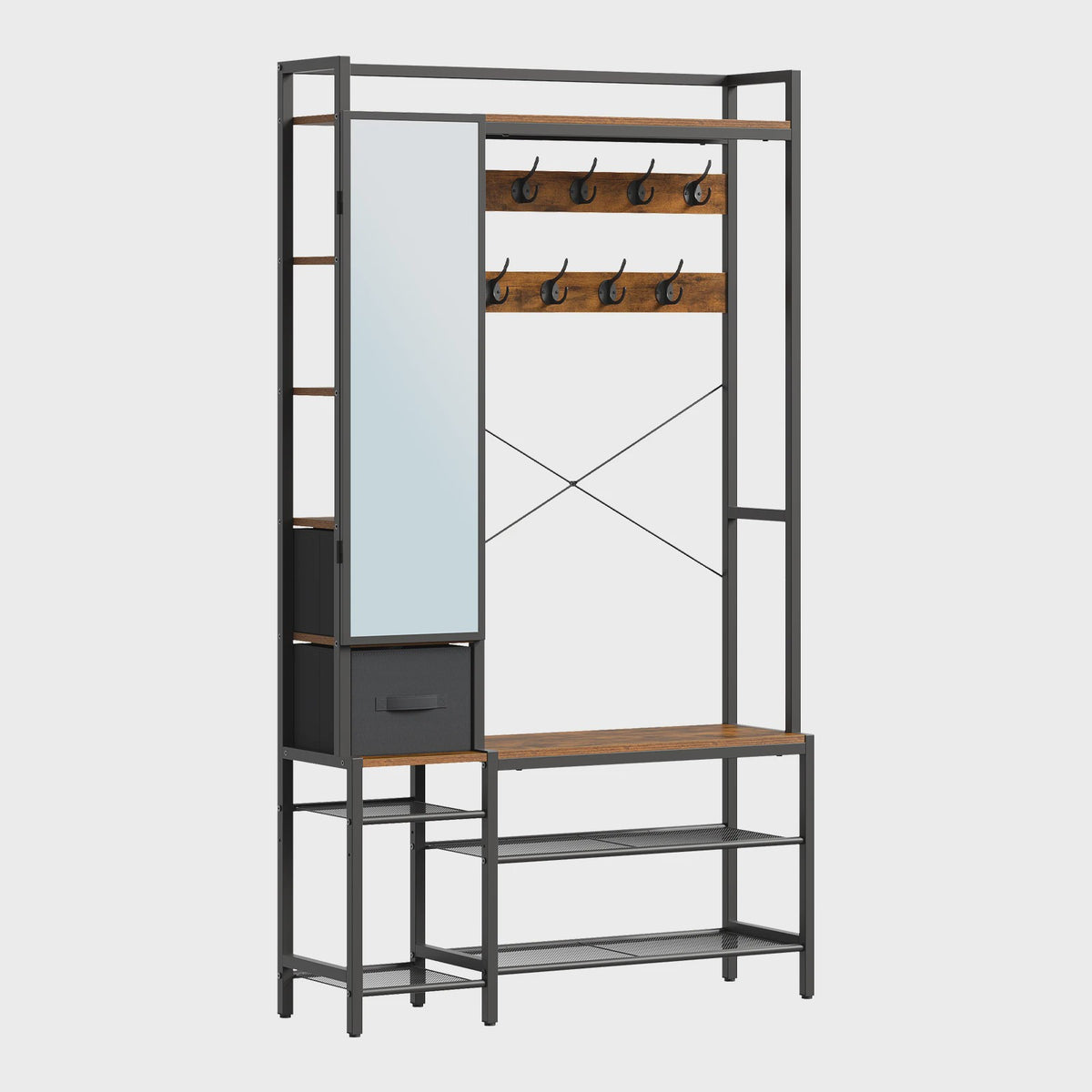 WOLTU Kapstok met Schoenrek, Spiegel en Lades - Open Garderoberek Metaal & Hout 100x30x180cm