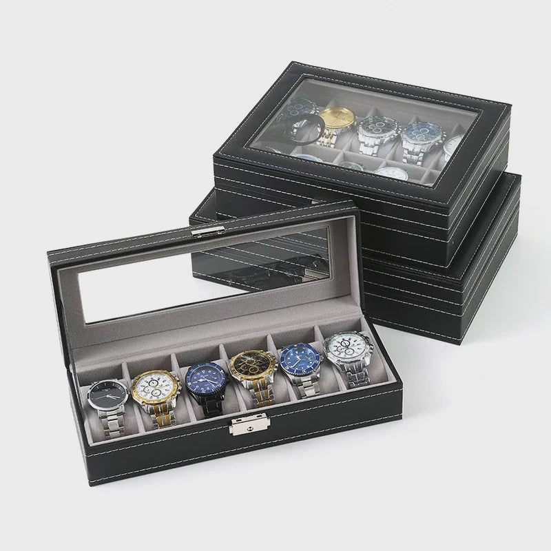 Luxe PU Leder Horlogedoos met Glazen Deksel - Diverse Vakverdelingen (2-12 Girds)
