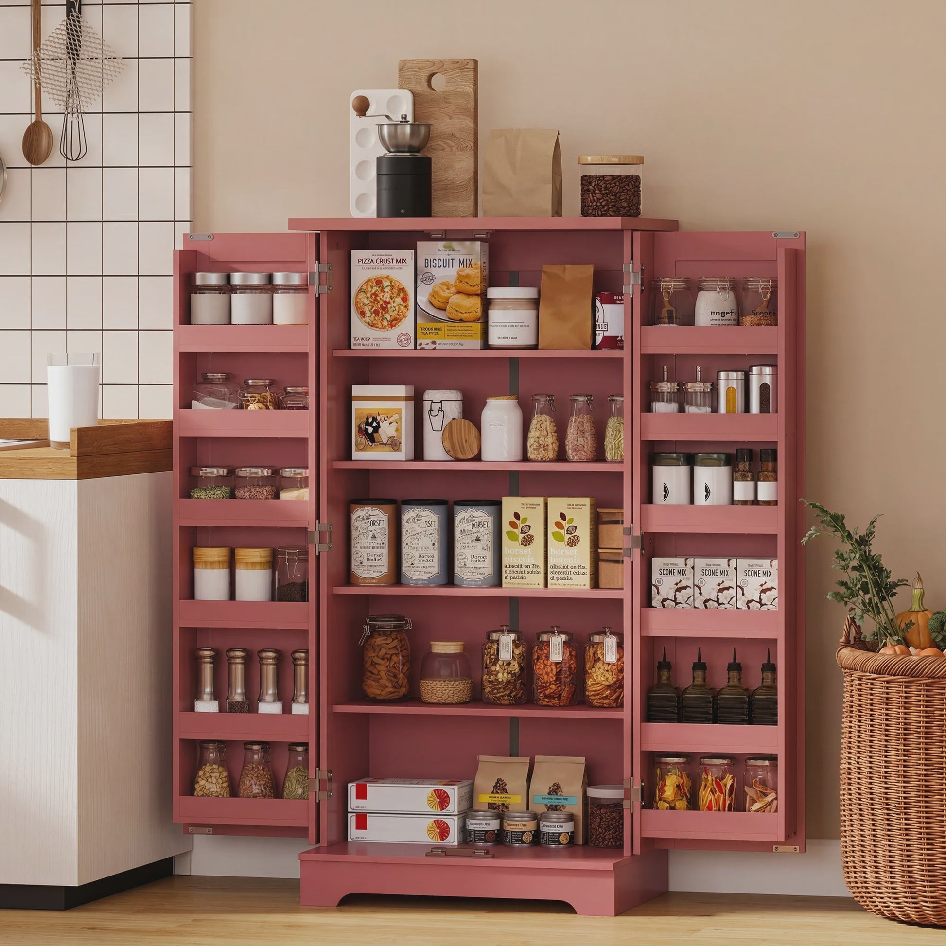 HOMCOM Keuken Dressoir Kast met 5 Niveaus, Deuren en Verstelbare Planken - 60x40x120 cm - Rode Houtnerf