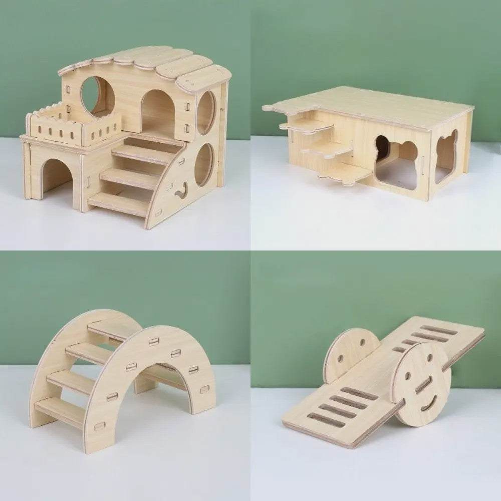 Houten Hamster Villa: Speelhuis met Klimplatform en Verhoogd Platform - Duurzaam Knaagdier Accessoire