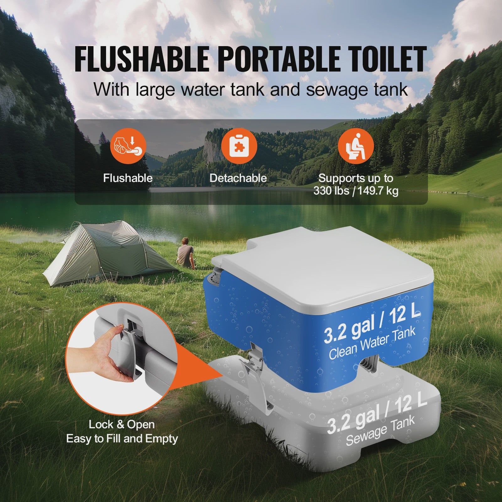 Draagbaar Toilet met Drukknop Spoelsysteem - Lekvrij en Geurloos Kampertoilet