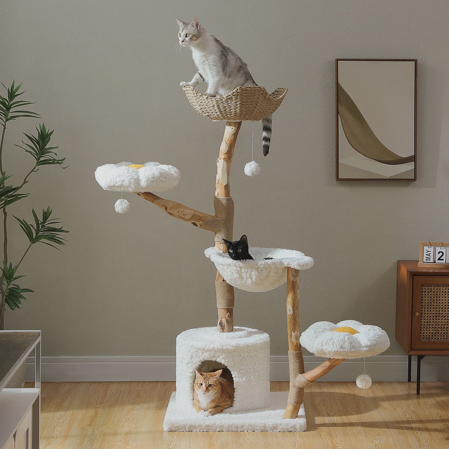 Luxe Kattenboom 150cm met Wicker Manden, Krabpaal & Bloemenplateaus