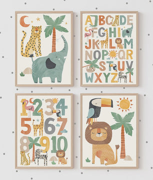 Boho Jungle Safari Dieren Canvas Muurdecoratie - Leeuw, Olifant, Luipaard & Regenboog Posters voor Kinderkamer