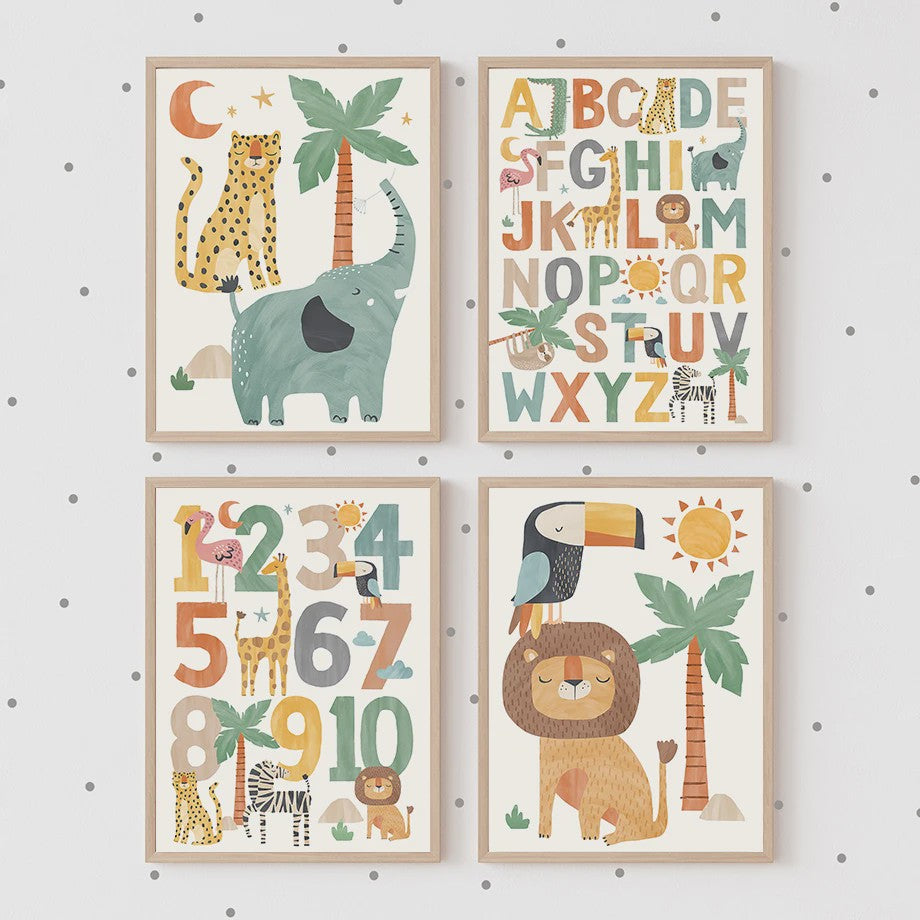 Boho Jungle Safari Dieren Canvas Muurdecoratie - Leeuw, Olifant, Luipaard & Regenboog Posters voor Kinderkamer