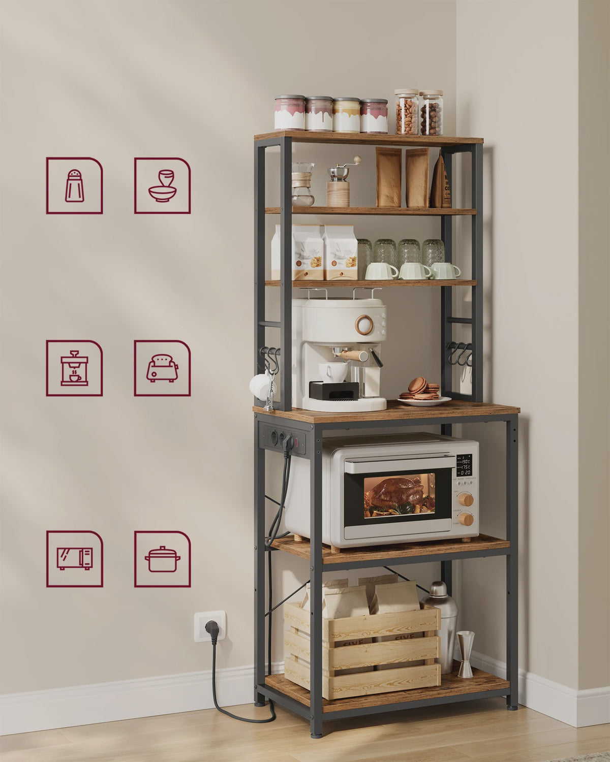 Keukenrek met 6 etages, ingebouwde stopcontacten en USB-poorten - 60x40x169 cm