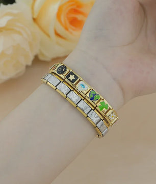 Hapiship Gouden Bedelarmband RVS - Bloemen, Hart, Aarde, Kers & Koffie Bedels