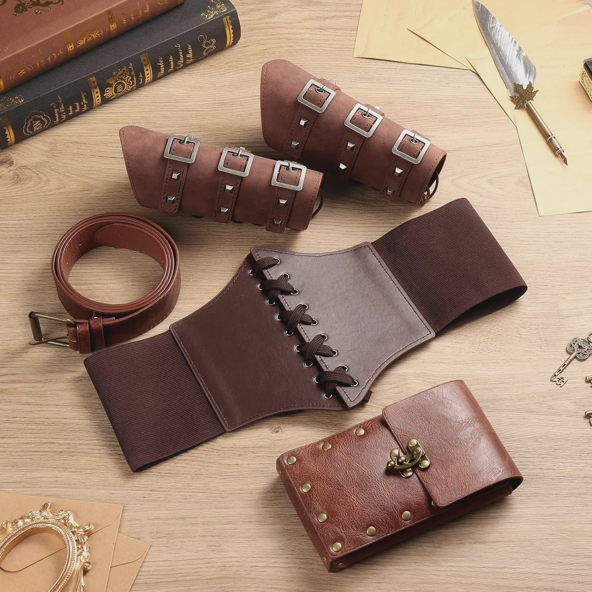 Middeleeuwse Renaissance Kostuum Set: Corset, Riem, Portemonnee & Accessoires