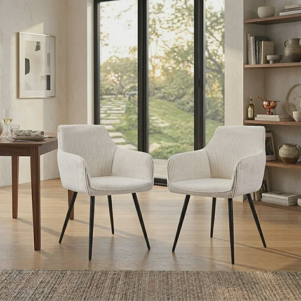 Set van 2 Moderne Gestoffeerde Eetkamerstoelen met Armleuningen - Comfortabel Corduroy & Stabiele Metalen Poten