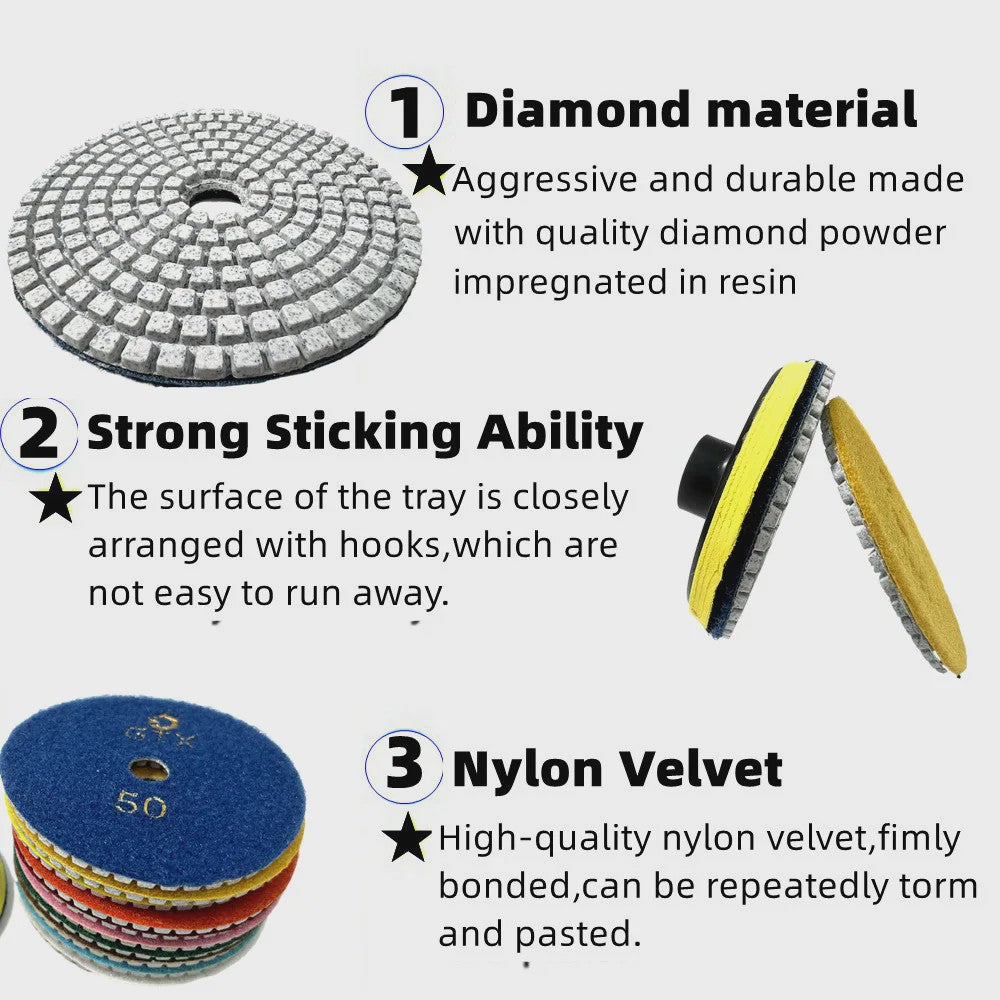 11-delige Diamant Polijstschijven Kit 100mm - Nat/Droog Gebruik voor Steen, Beton & Marmer