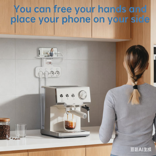 Multifunctionele Stekkerdoos met Telefoonhouder, 4 Stopcontacten en 6 USB-poorten