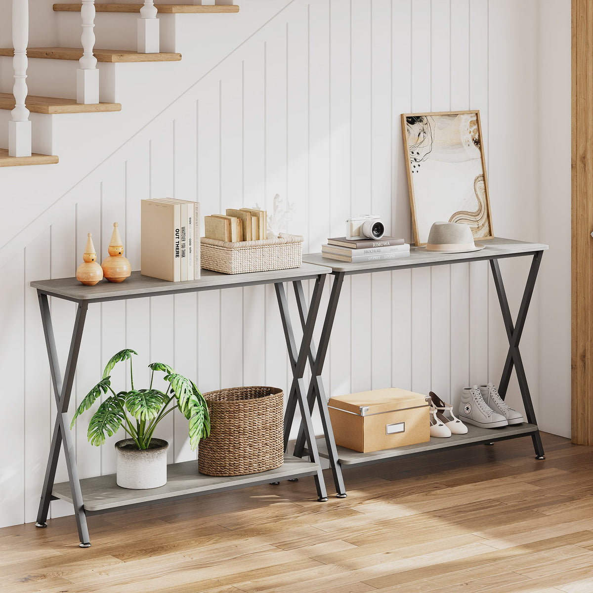 Industriële Console Tafel met Plank - Smal Metalen Frame voor Hal, Woonkamer of Entree