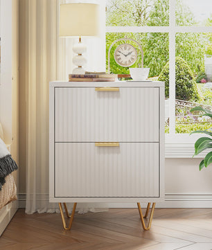 Moderne Witte Nachtkastje met 2 Lades en Gouden Poten - Scandinavisch Design