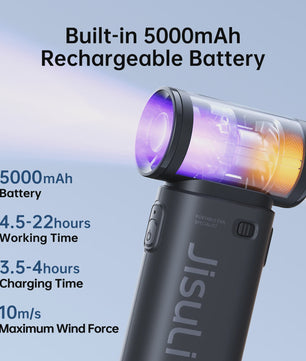 JISULIFE Life9 Draagbare Handventilator - Krachtige Turbo Wind, 18u Batterij, 5 standen, 5000mAh, Compact Zwart