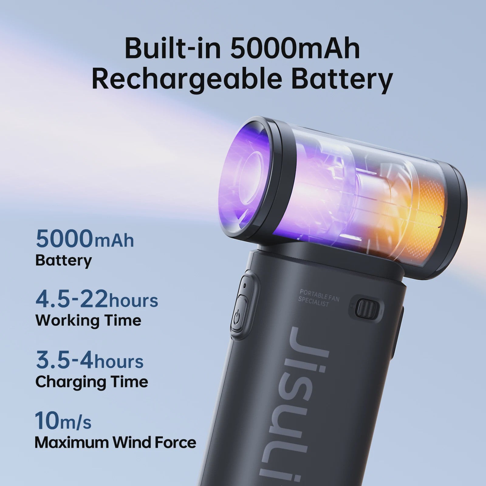JISULIFE Life9 Draagbare Handventilator - Krachtige Turbo Wind, 18u Batterij, 5 standen, 5000mAh, Compact Zwart