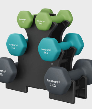 Songmics Halterset 6 Delig met Standaard - 1, 2, 3 Kg - Antislip Hexagonaal