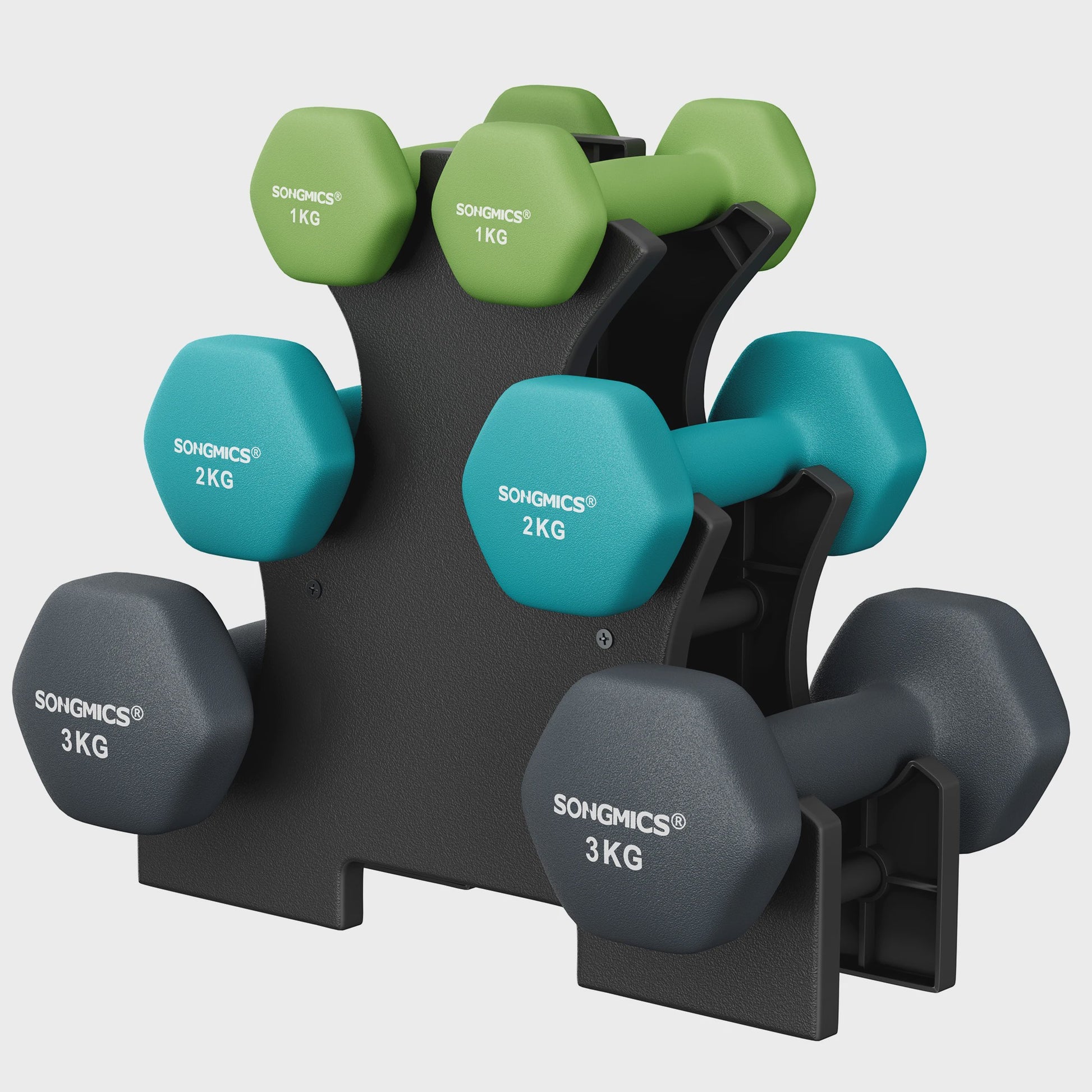 Songmics Halterset 6 Delig met Standaard - 1, 2, 3 Kg - Antislip Hexagonaal