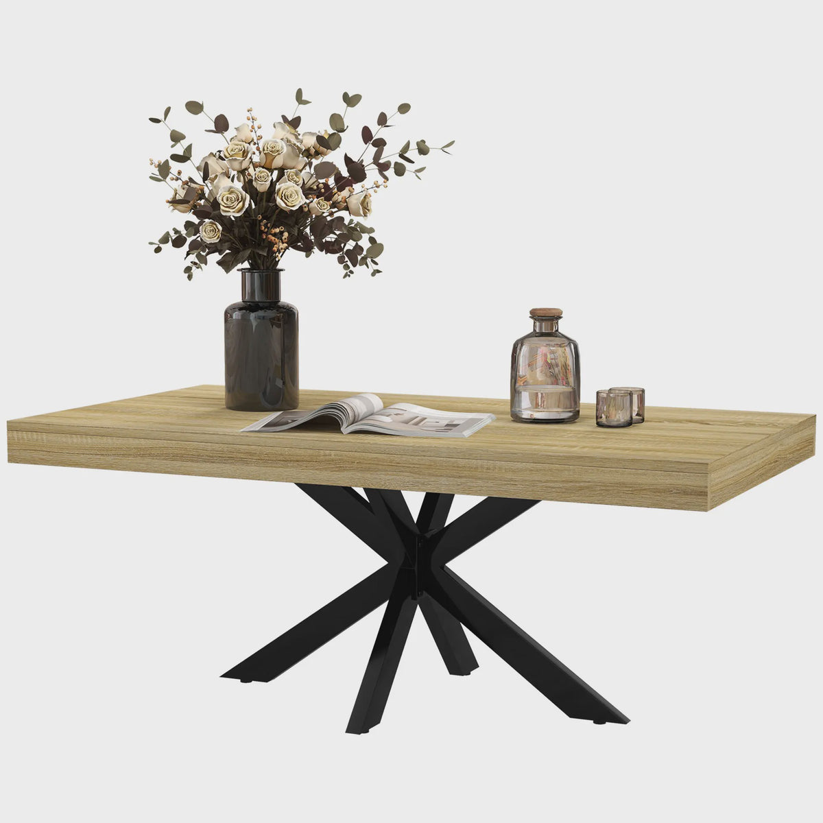 Industriële Rechthoekige Salontafel - Zwart Metaal & Houtlook - 110x60x45cm