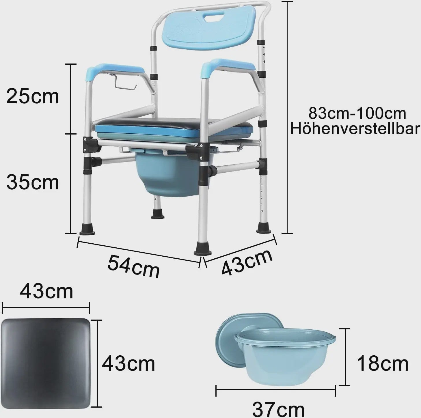In hoogte verstelbare Douche-Toiletstoel met Rugleuning & Antislip - Inclusief Emmer voor Ouderen & Mindervaliden