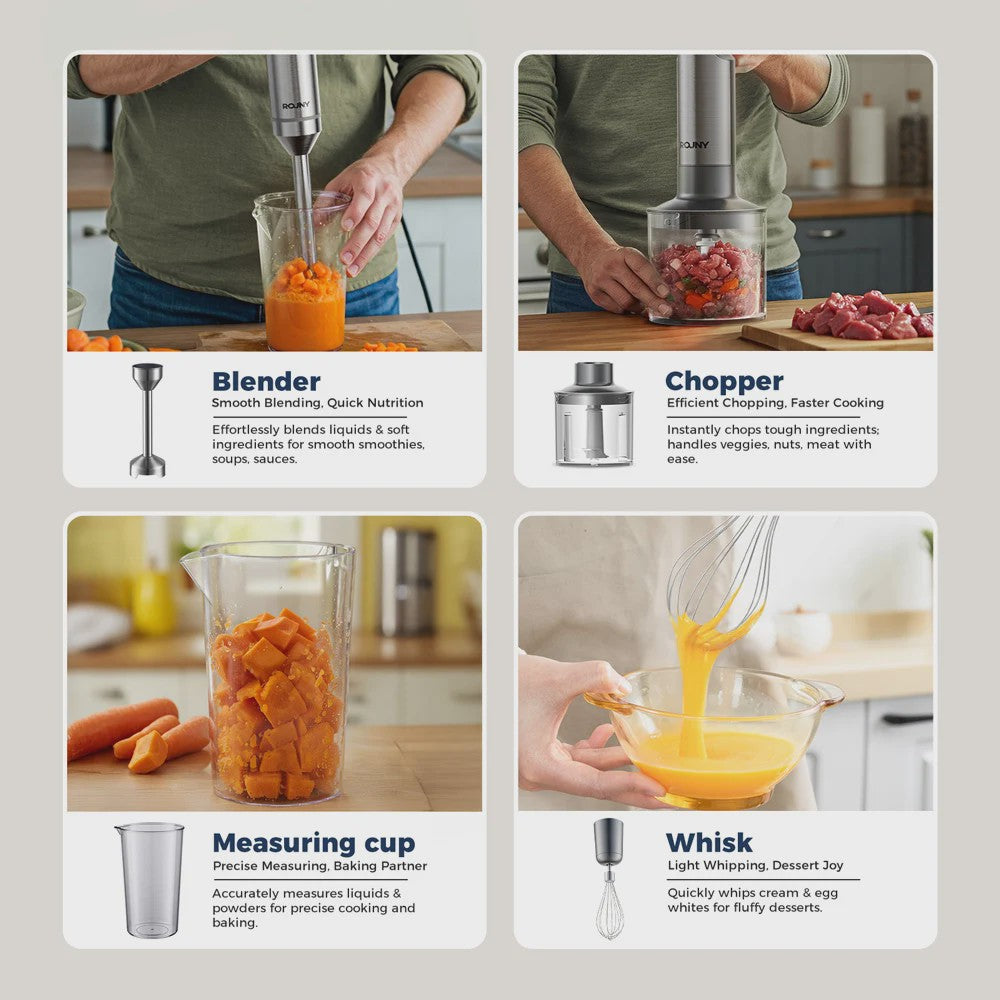 Krachtige 1200W Handmixer - 4-in-1 RVS Staafmixer met Hakker, Garde & Maatbeker