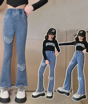 Bell-bottom Jeans voor Meisjes met Kraaltjes en Kant - Modieuze Stretch Denim Broek