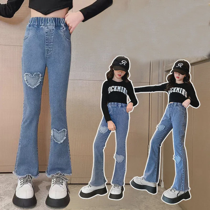 Bell-bottom Jeans voor Meisjes met Kraaltjes en Kant - Modieuze Stretch Denim Broek