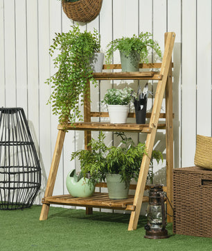 Outsunny Houten Plantenstandaard - Piramidevormig, Opvouwbaar, 3 Niveaus, 60x37x93 cm, Bruin