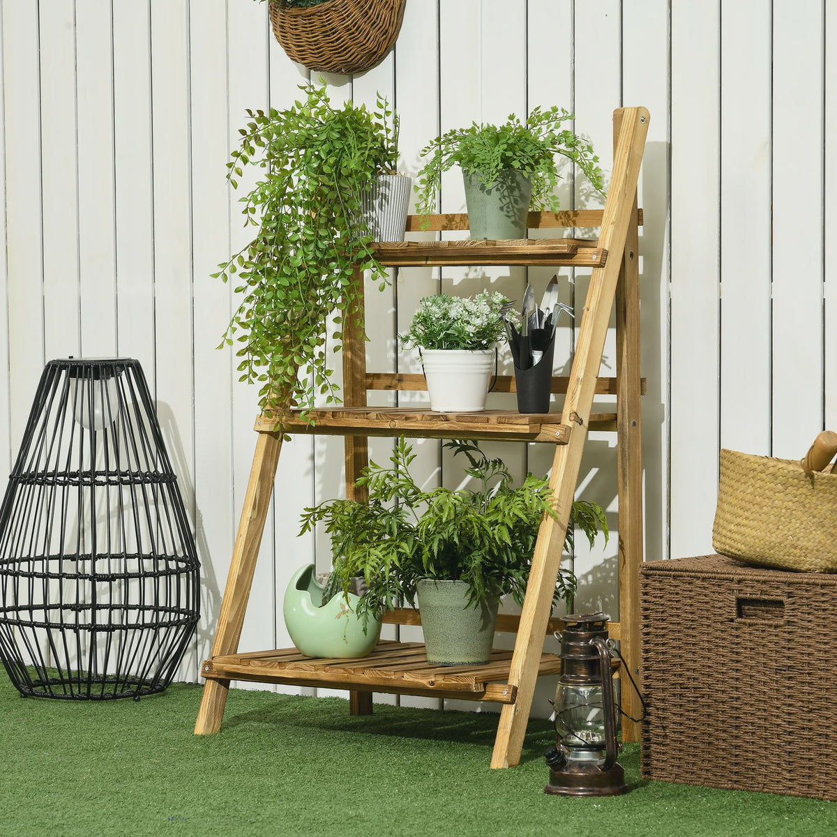 Outsunny Houten Plantenstandaard - Piramidevormig, Opvouwbaar, 3 Niveaus, 60x37x93 cm, Bruin