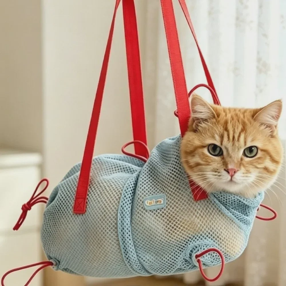 Ademende Mesh Kattenwaszak - Verstelbaar & Anti-Kras voor Grooming & Verzorging