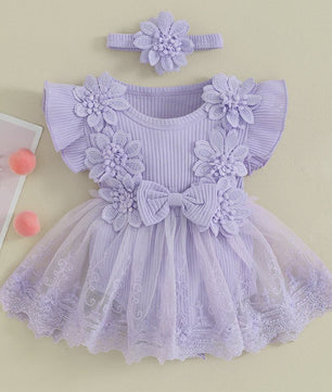 Prinsessen Baby Meisjes Romper Jurk met 3D Bloemen, Kant & Hoofdband - Zomerkleding