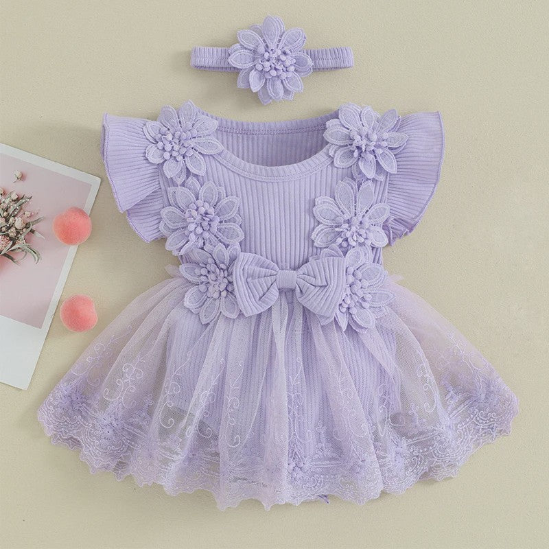Prinsessen Baby Meisjes Romper Jurk met 3D Bloemen, Kant & Hoofdband - Zomerkleding