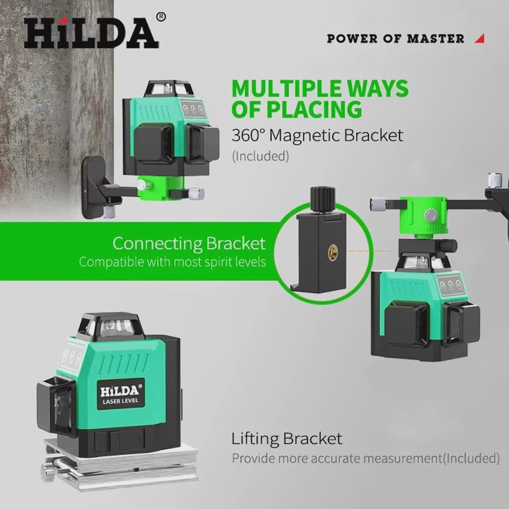 HILDA 3D Laserwaterpas met 12 Groene Lijnen - Zelfnivellerend & Draagbaar