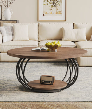 Industriële Ronde Salontafel met 2 Niveaus - 100cm - Houtlook & Metaal