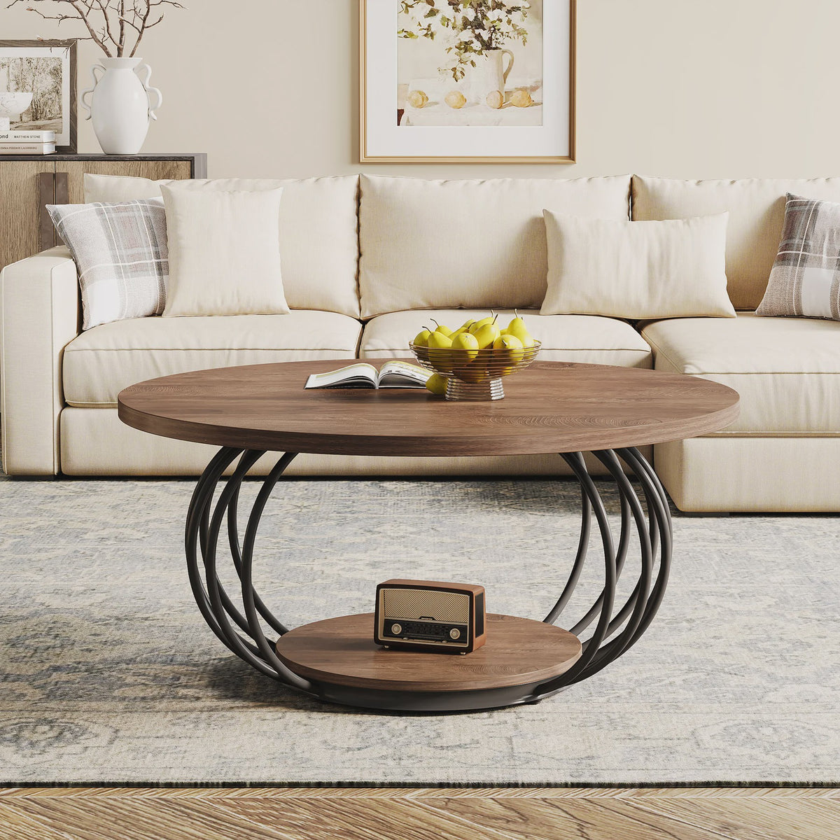Industriële Ronde Salontafel met 2 Niveaus - 100cm - Houtlook & Metaal