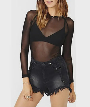 Dames Mesh Top Zwart Lange Mouw Transparant Sexy Streetwear