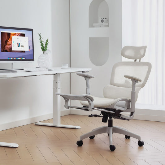 Ergonomische bureaustoel met mesh rugleuning, verstelbare hoofdsteun en 3D armleuningen - Beige