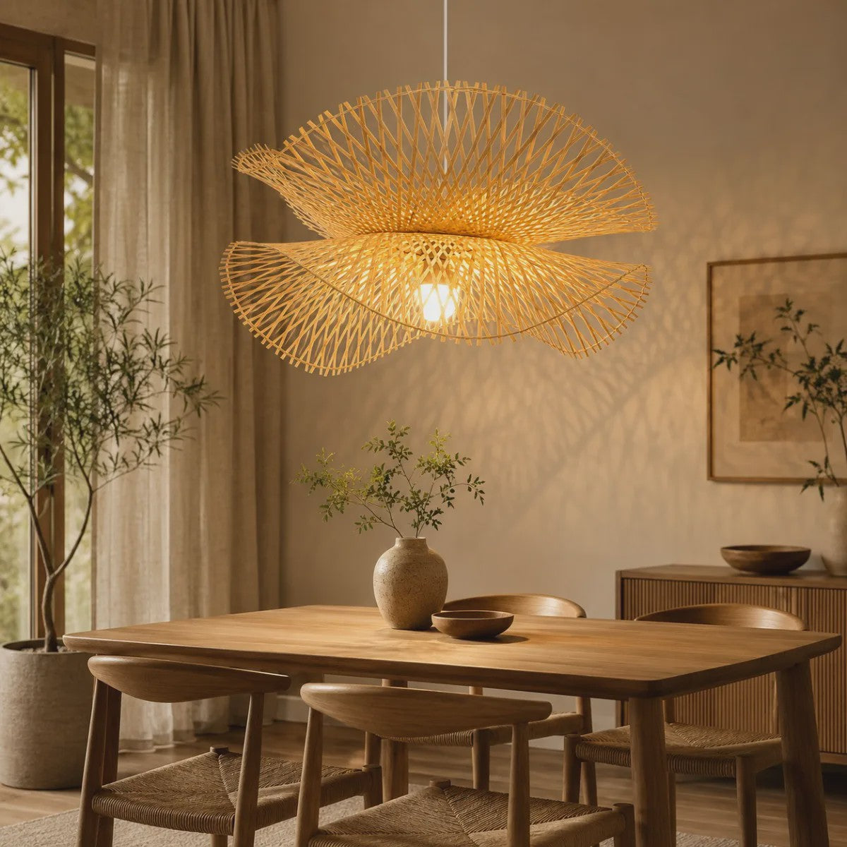Japanse Bamboe Hanglamp 55cm - Handgeweven Rotan Plafondlamp voor Sfeervolle Woonkamer & Keuken