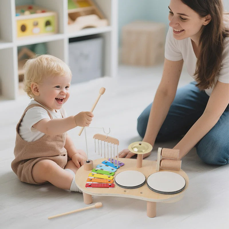 Montessori Houten Muziektafel 7-in-1 voor Kinderen - Xylofoon, Trommel & Meer