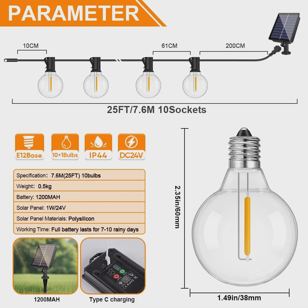 G40 Solar Tuinslinger met 25 Globe LED Lampen - Waterdicht & Dimbare Verlichting