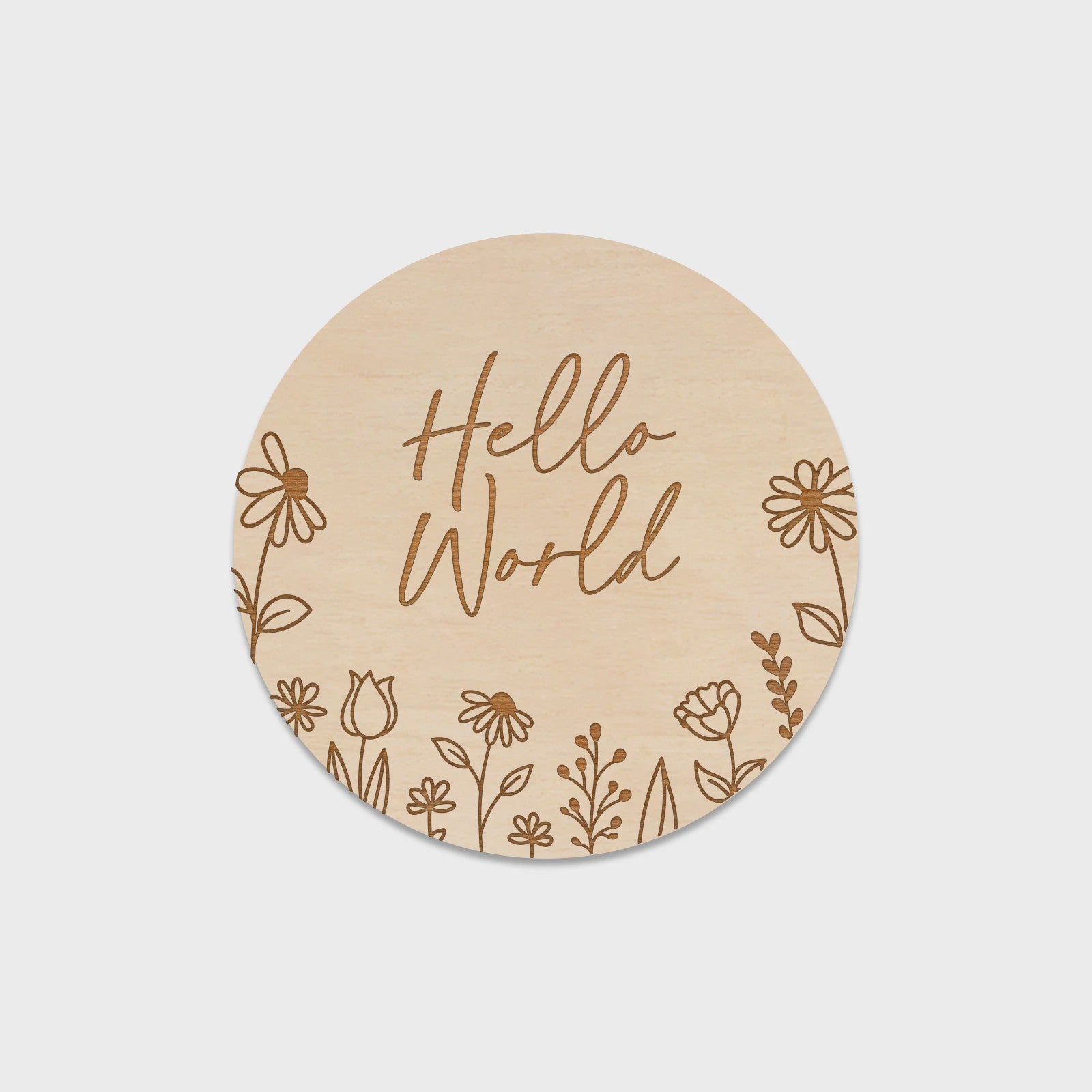 Houten Baby Aankondigingsbord 'Hello World' - Geboortegegevens met Bloemen Gravure
