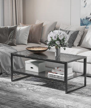 HOMCOM Salontafel met 2 etages, Modern Design, Zwart Marmerlook, 106x50x47 cm