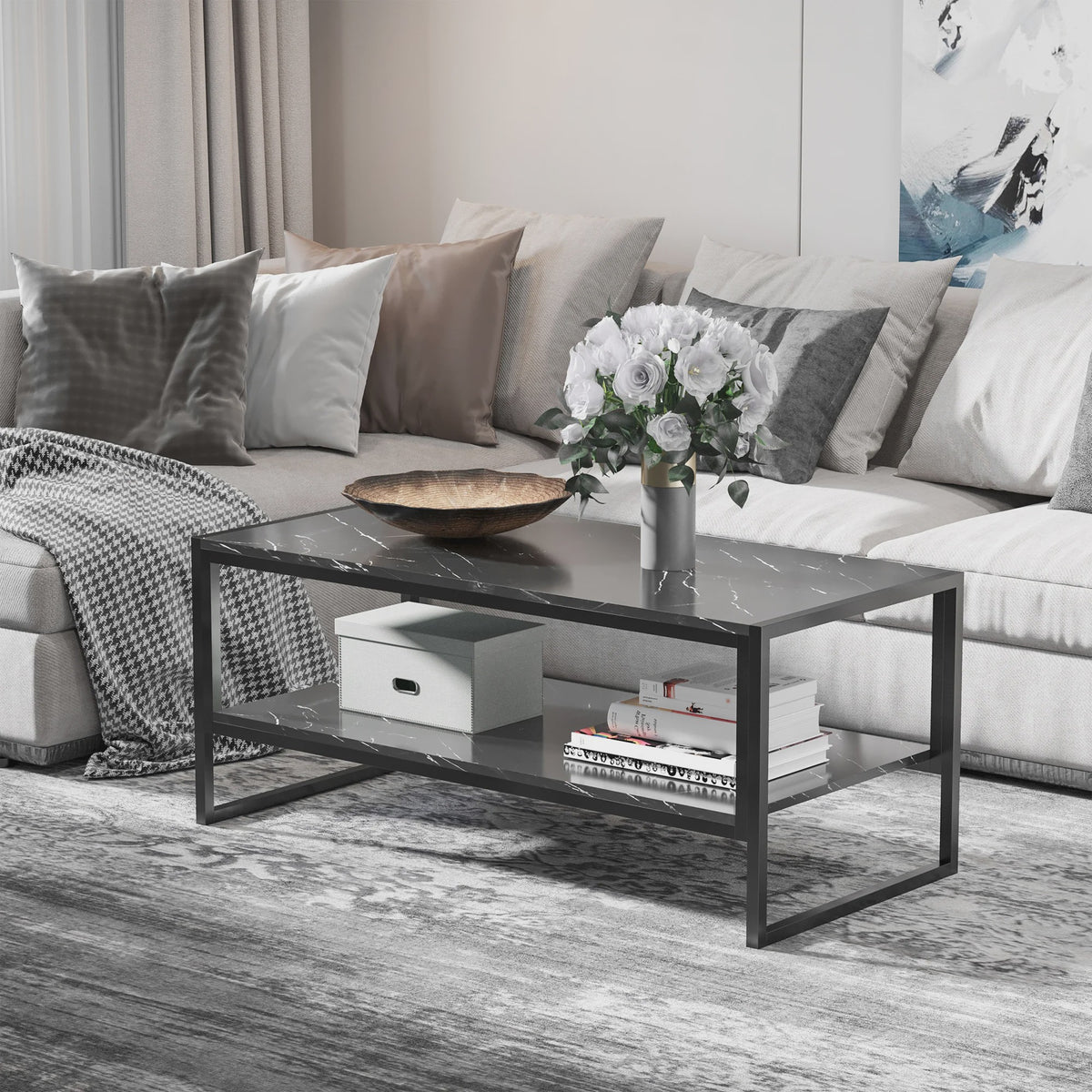 HOMCOM Salontafel met 2 etages, Modern Design, Zwart Marmerlook, 106x50x47 cm