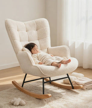 Luxe Teddy Fleece Schommelstoel Beige - Comfortabele Relaxfauteuil met Houten Basis