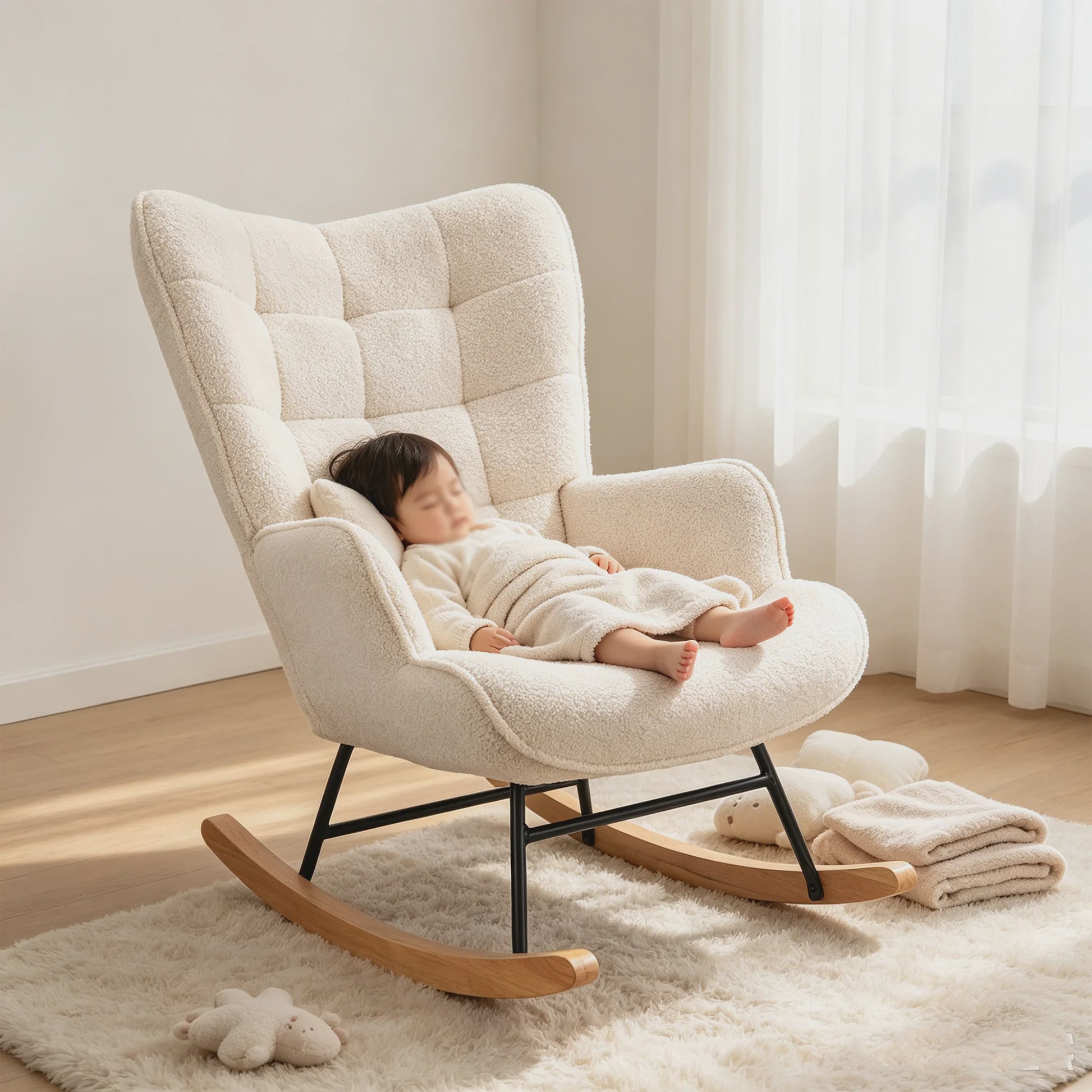 Luxe Teddy Fleece Schommelstoel Beige - Comfortabele Relaxfauteuil met Houten Basis