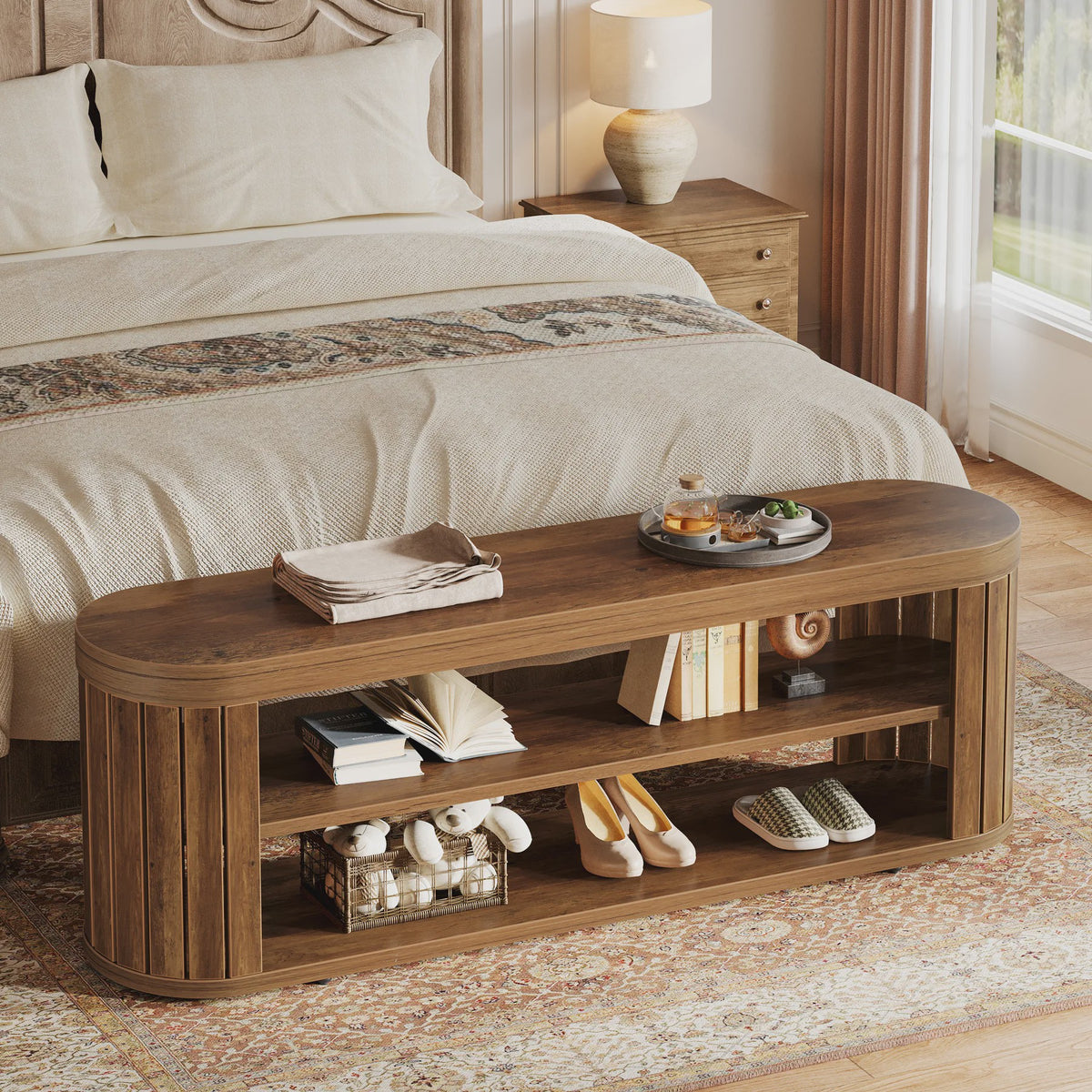 Houten Entree Bank met Schoenopslag - 47.2" - Farmhouse Stijl - Verstelbare Voetjes