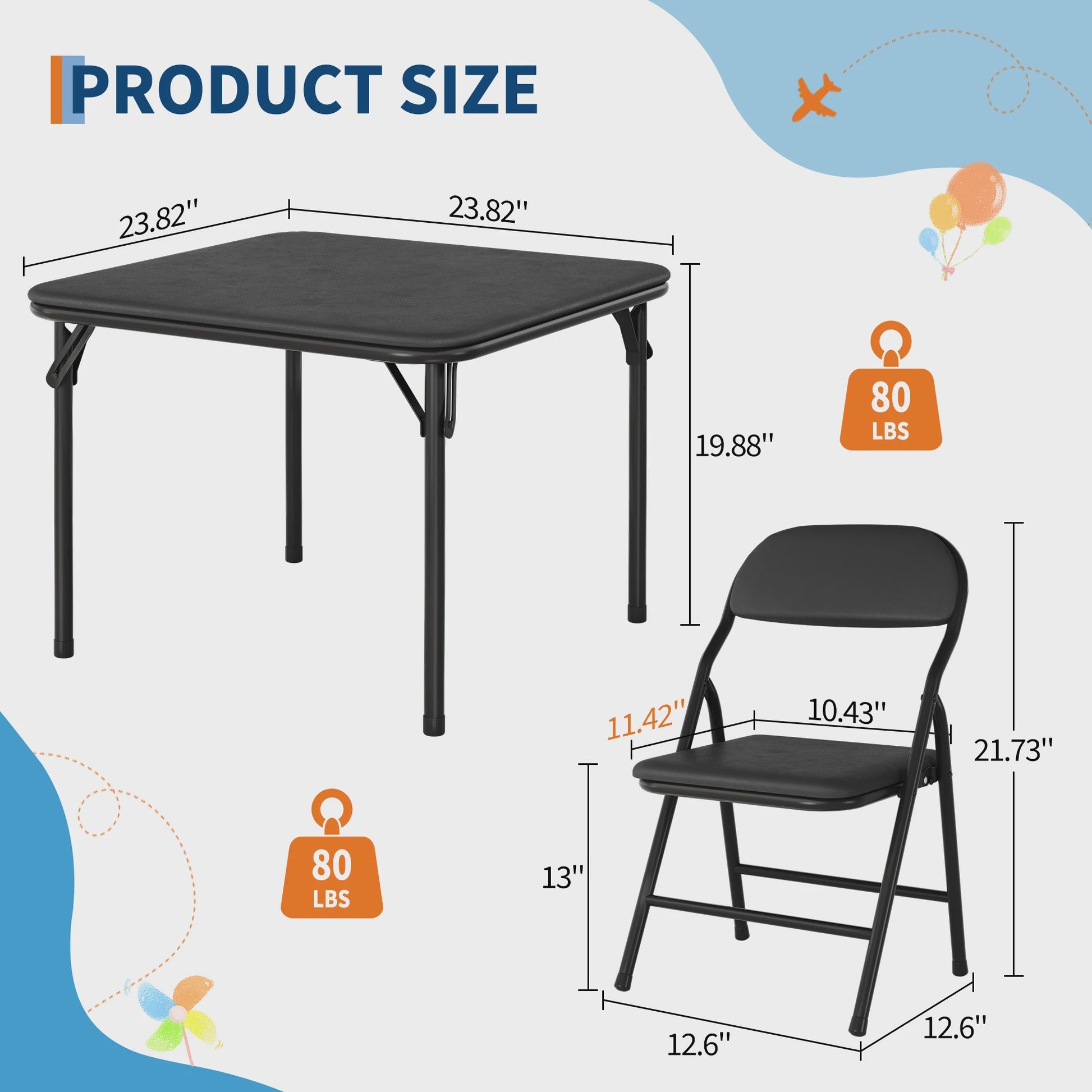 Opvouwbare Kinder Speel- en Studietafel met 2 Stoelen - Zwart