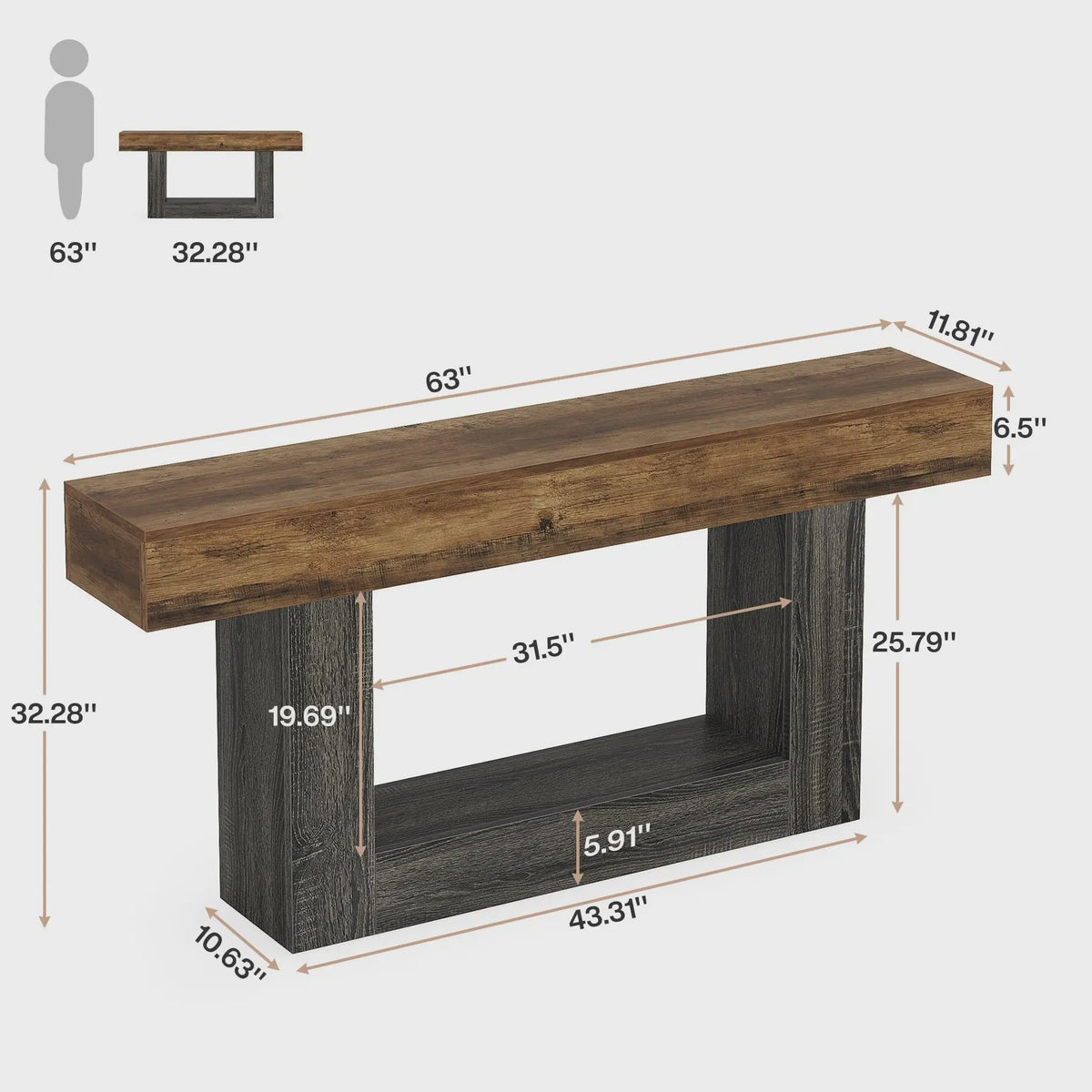 Lange Console Tafel 63 Inch - Farmhouse Entree Tafel met U-Vormige Basis en Onderste Plank