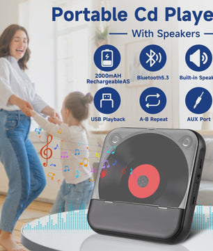 Draagbare CD Speler met Bluetooth 5.3, Oplaadbaar, Ingebouwde HiFi Speakers & USB