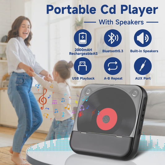 Draagbare CD Speler met Bluetooth 5.3, Oplaadbaar, Ingebouwde HiFi Speakers & USB