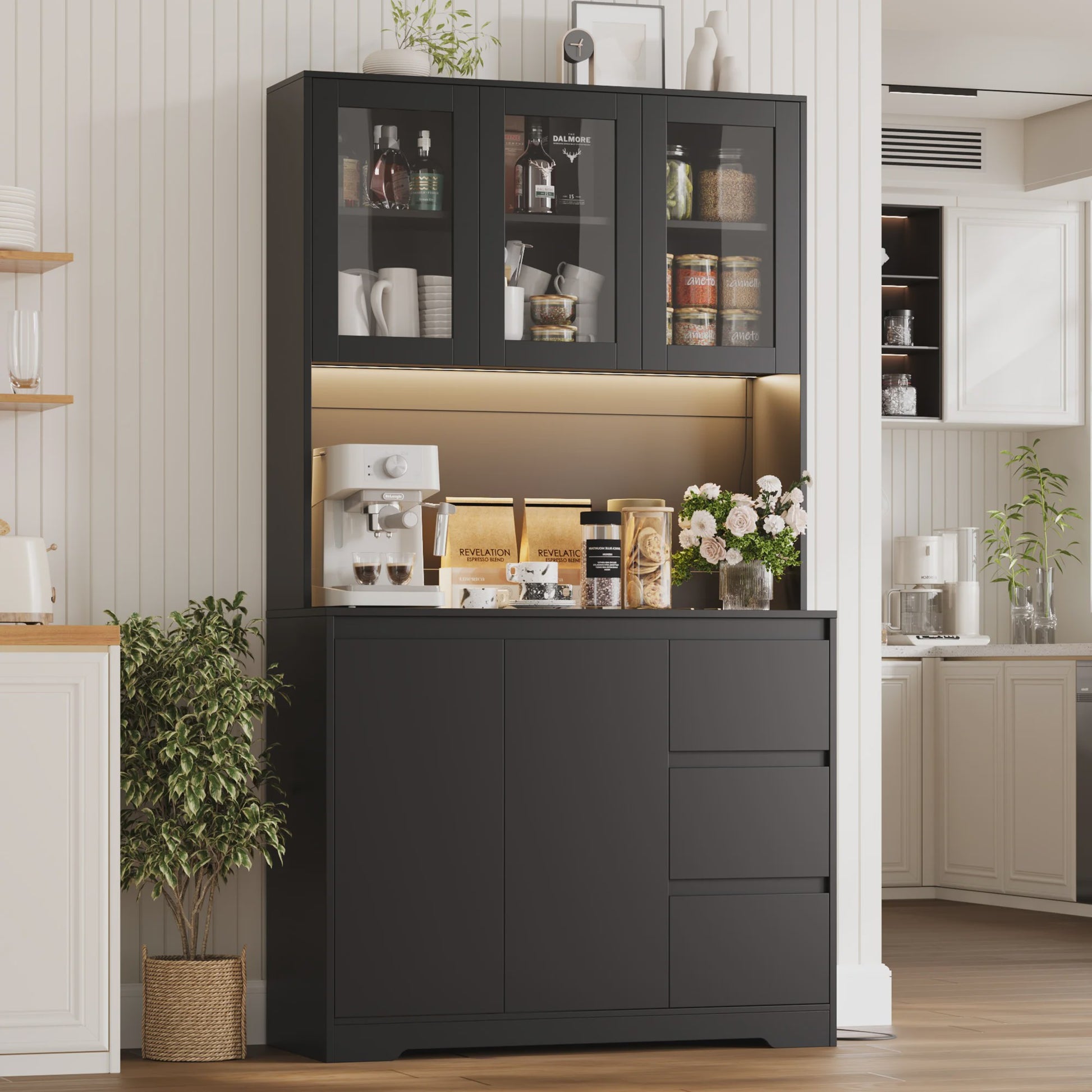 Keuken Buffetkast met LED Verlichting, 3 Lades en Stopcontacten - 100x38.5x180cm