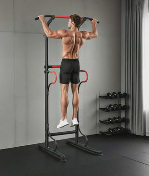 HOMCOM Multifunctioneel Bodybuilding Station - Optrekstang, Dip Station & Meer - In Hoogte Verstelbaar - Zwart/Rood